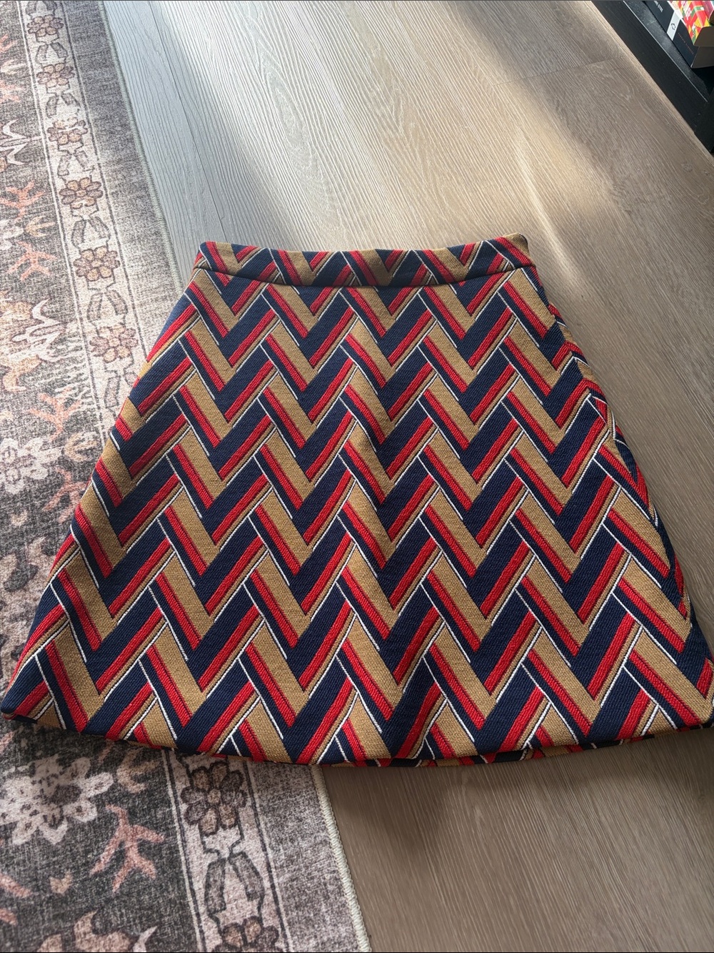 Gucci Chevron Pattern A-Line Mini Skirt in Navy, Red & Tan